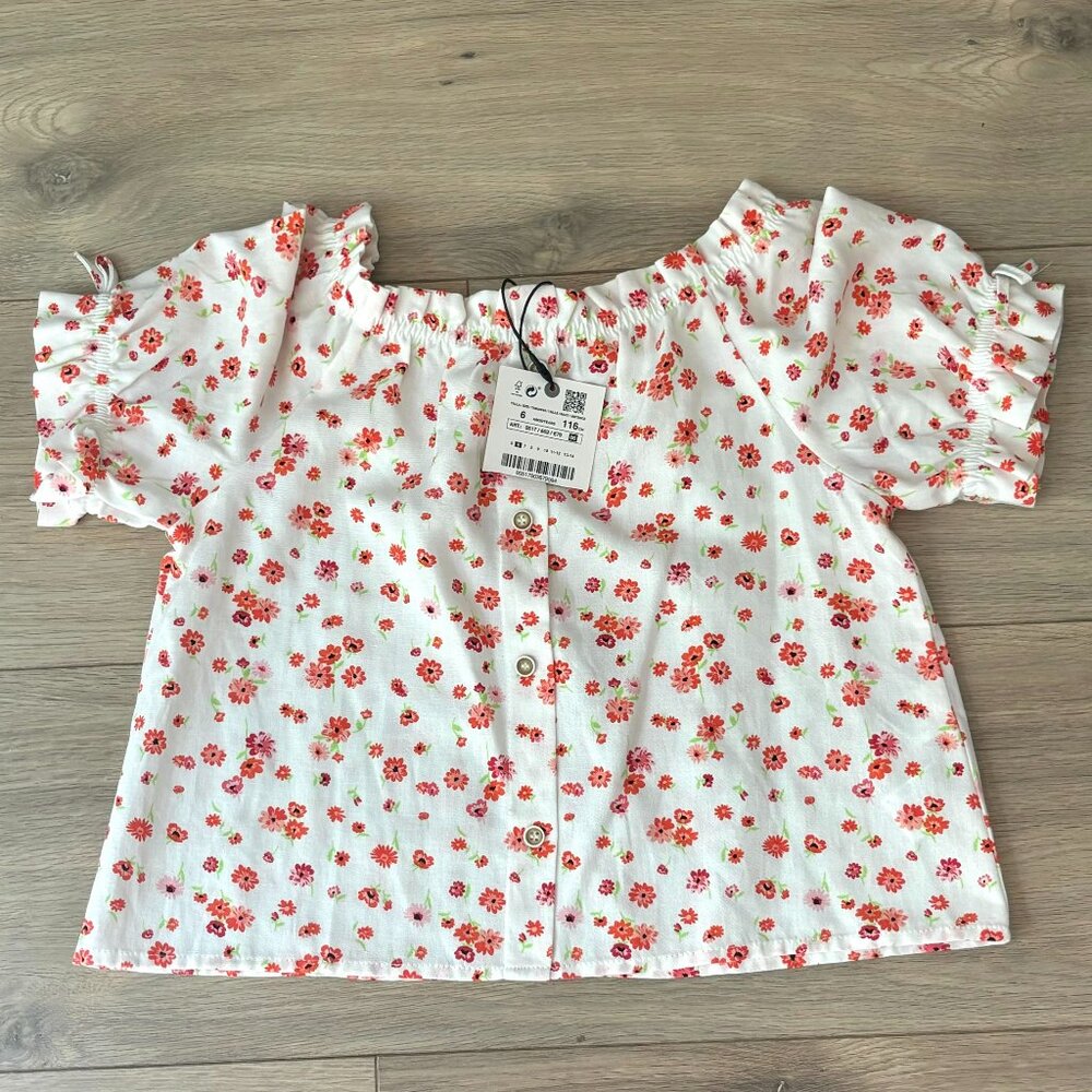 NWT ZARA Girl's Floral Puff Sleeve Button Down Cropped shirt - Size 6